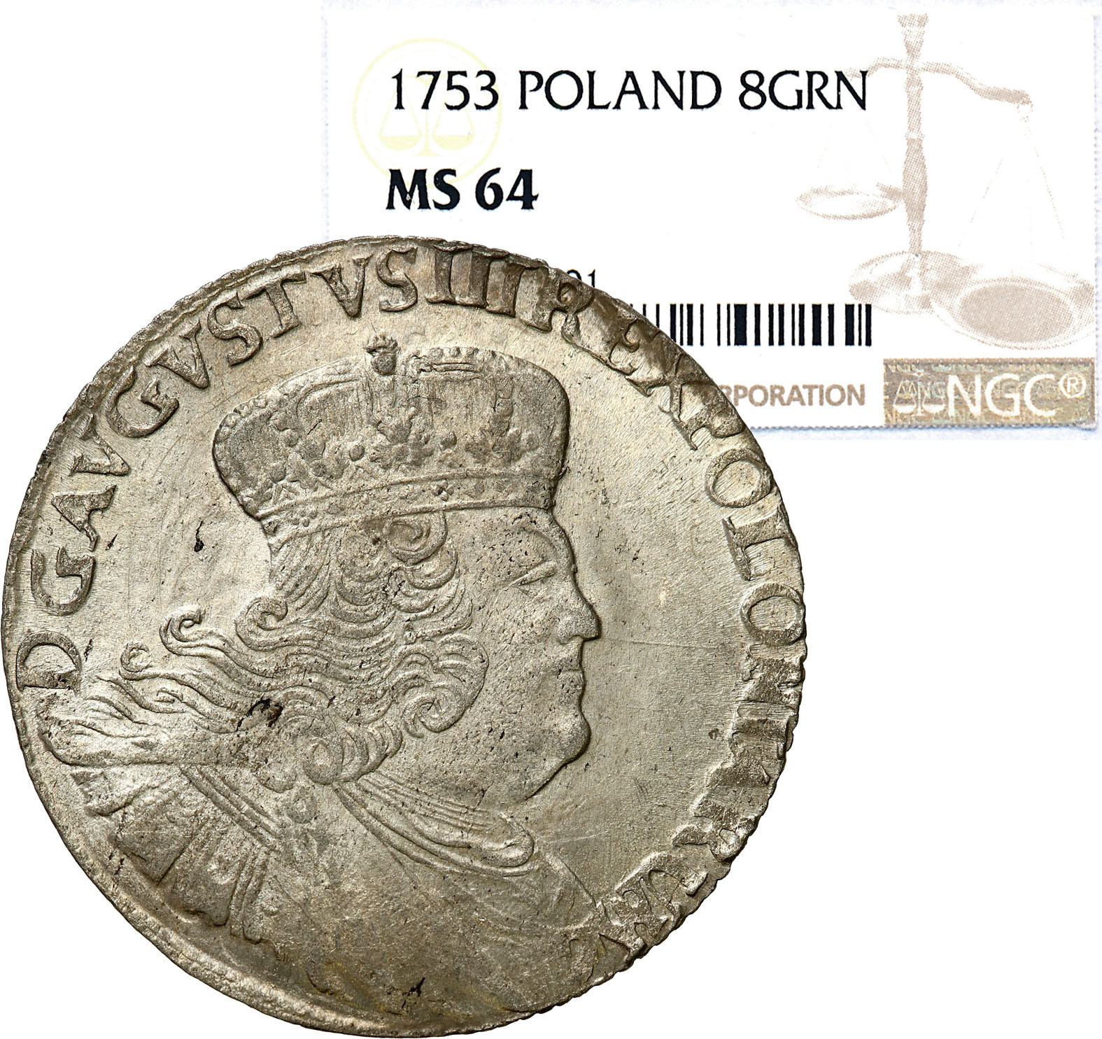 August III Sas. Dwuzłotówka (8 groszy) 1753 - bez liter EC - Lipsk NGC MS64 – WYŚMIENITA